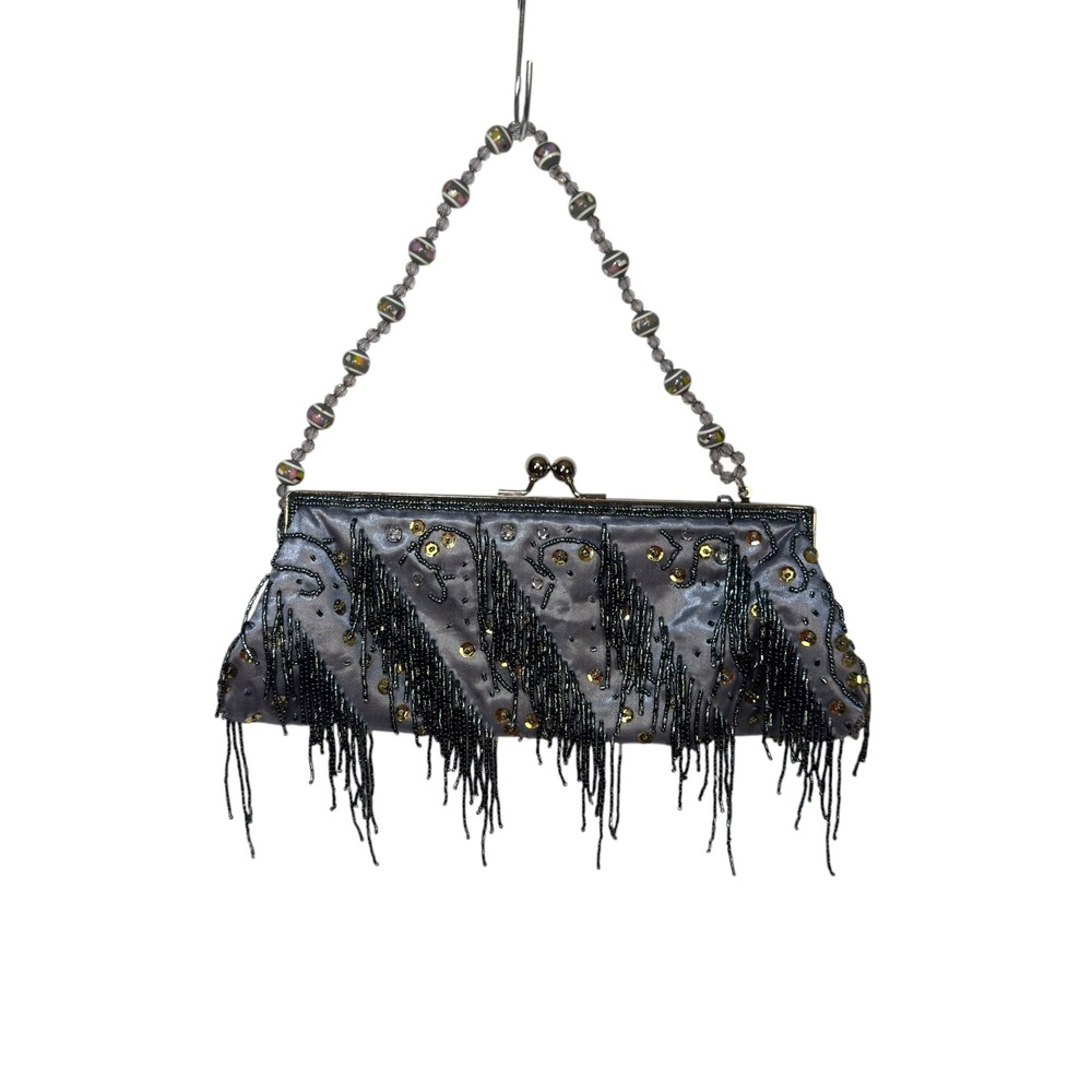 Unbranded Beaded Fringe Clutch OS Grey Sequin Kiss Lock Vintage Glam Evening Bag
